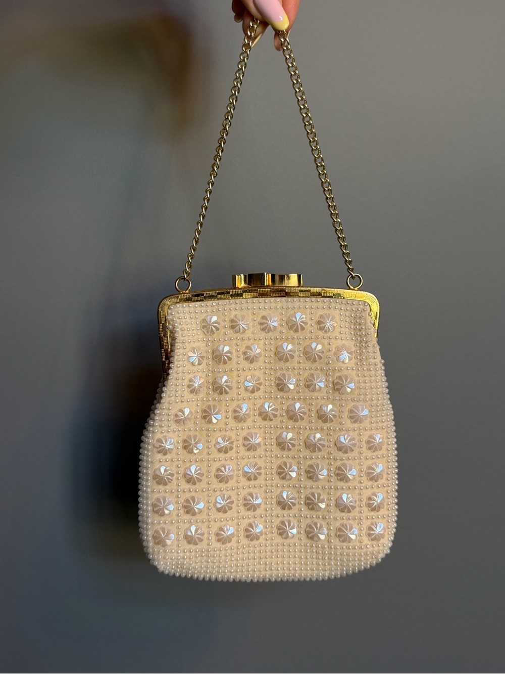 Vintage 1950s Du-Val Pearl Beaded Shell Wedding Clutch Handmade in Hong Kong